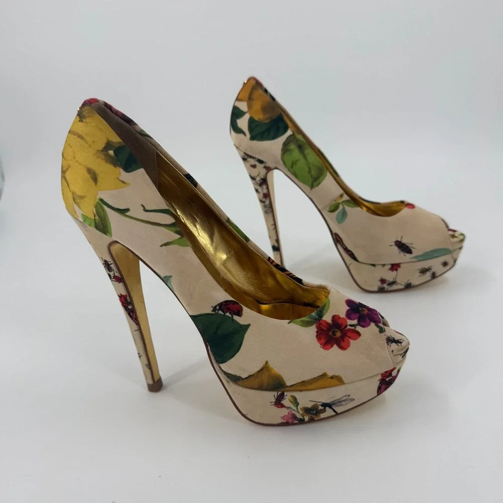 Ted Baker Carlina Platform Pumps Womens Size 6 Beige Floral Peep Toe Slip On